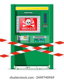 Hacked atm concept, skimming, stealling money from automated teller machine. Out of service or robbery, criminal hacks software in bank. Spyware malware. Computer security. Flat vector illustration