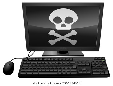 Hacked computer with black screen and skull symbol (cutout)