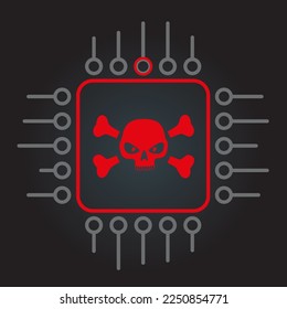 Hacked cpu computer outline chip with skull sign icon on dark black background with gradient shadow. Microprocessor hack smart mind hardware chips symbol
