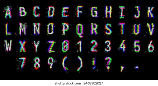 HACKED Fuente Cyber Pixel Noise RGB Glitch Type. Letras del alfabeto aisladas sobre fondo negro. Letras y dígitos distorsionados de efectos de píxeles brillantes. Cyberpunk Style Error Ilustración vectorial de fuentes.