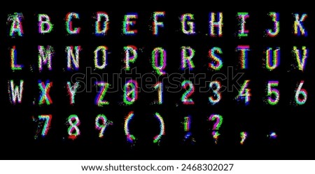 HACKED Cyber Pixel Noise RGB Glitch Type Font. Alphabet Letters Isolated on Black Background. Distorted Glitched Pixels Effect Letters and Digits. Cyberpunk Style Error Font Vector Illustration.