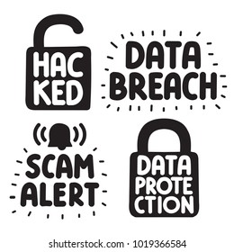 Hacked, data breach, scam alert, data protection. Vector hand drawn set of lettering and doodles illustrations on white background.
