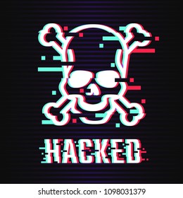 Hacked glitch text. Skull and bones illustration in glitch style on dark background. Warning about hacker attack. Pirate sign. Vector eps 10.