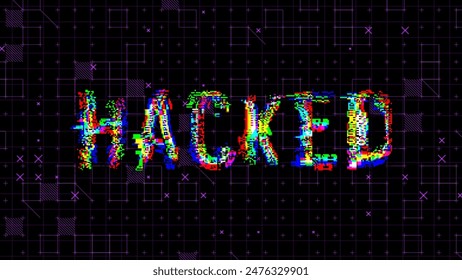 HACKED Glitched Word. HUD Hologram Cyberpunk Style Banner. Neon Tech HACKED Glitch Background. Design Element for Tech Cyber Security Event. Vector Illustration.