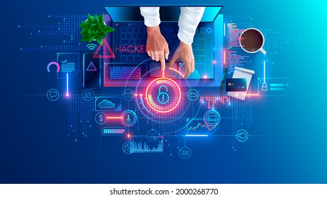 Hacked laptop by a hacker. Hacker hacking computer, broke password and attack internet security system. Phishing scam. Cyber criminal gets access to personal data, banking. Computer hack concept.