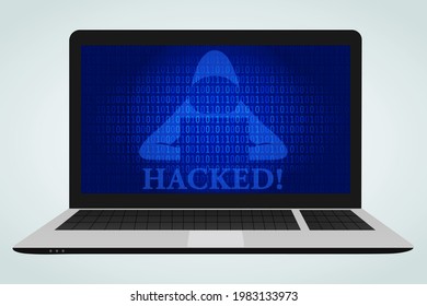 Hacked laptop computer vector illustration in flat style. A hacker, notebook, hacked text, and blue matrix binary numbers. Cyber and network security,virus,reverse engineering, digital crime concept.