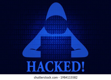 Ilustración vectorial del ordenador portátil hackeado en estilo plano. Hacker, cuaderno, texto hackeado, números binarios de matriz azul. Seguridad cibernética y de red, virus, ingeniería inversa, diseño de concepto de crimen digital.