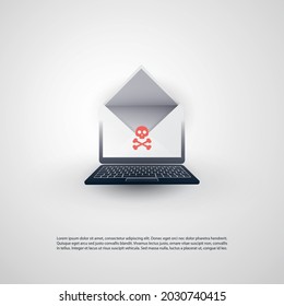 Hacked Laptop and Envelope with Skull and Crossbones Sign on the Screen - Virus, Malware, Ransomware, Fraud, Spam, Phishing, Email Scam, Hacker Attack - IT Security Concept Design, Vector illustration