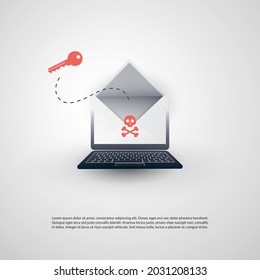 Hacked Laptop and Envelope with Skull and Crossbones Sign on the Screen - Virus, Malware, Ransomware, Fraud, Spam, Phishing, Email Scam, Hacker Attack - IT Security Concept Design, Vector illustration