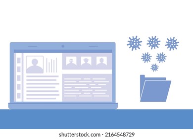 Hacked laptop virus in folder, hacker attack - IT security concept design, vector illustration