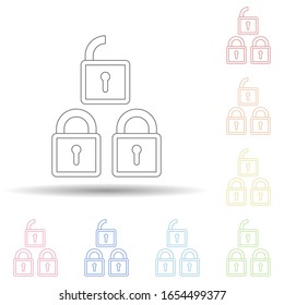 Bloqueos pirateados en un icono de estilo multicolor. Línea delgada simple, contorno vectorial de iconos antivirus para ui y ux, sitio web o aplicación móvil