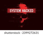 Hacked system or cyber attack. Glitched sign skull, danger internet virus, technical problem or system error. Vector illustration.