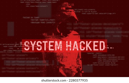 Hacked system or cyber attack. Glitched silhouette, bitmap effect, error signal, technical problem. Vector illustration.