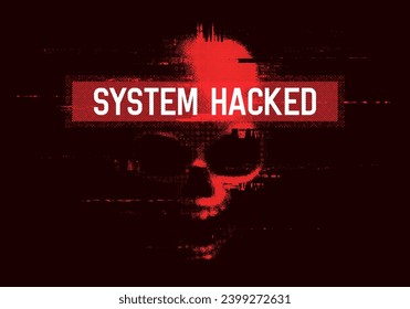 Hacked system or cyber attack. Glitched sign skull, danger internet virus, technical problem or system error. Vector illustration.