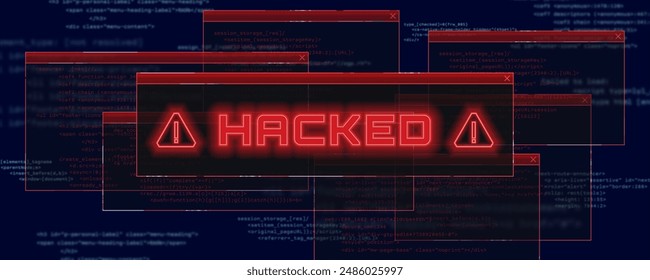 Hacked system or cyber attack. Warning on the screen. Danger internet virus. Vector illustration.