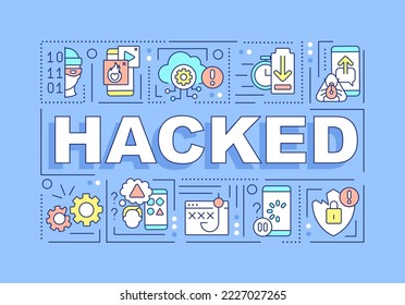 Hacked word concepts blue banner. Social engineering attack. Infographics with editable icons on color background. Isolated typography. Vector illustration with text. Arial-Black font used
