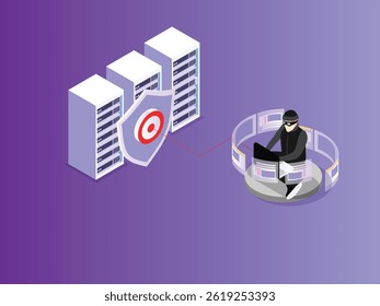 hacker accessing data servers protected by a shield with a target symbol, representing cyberattack and data security3d isometric vector
