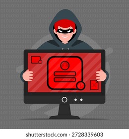 Hacker accediendo a datos de Inicio de sesión robados en una pantalla de ordenador. Mostrando violación de Cuenta personal, correo electrónico de phishing, amenaza de malware y riesgos de seguridad en línea.