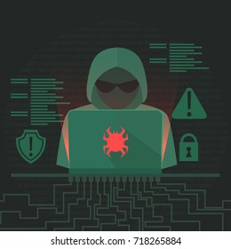 Hacker activity banner. Programmer writes viruses and hacks. Dos attack. Vector flat illustration