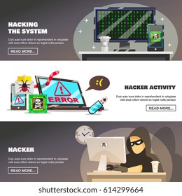 Hacker activity banners collection with flat computer security system damage images text and read more button vector illustration
