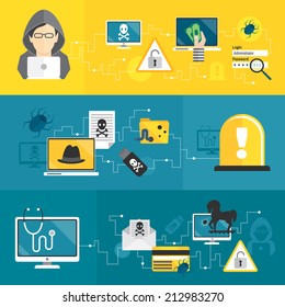 Hacker activity computer and e-mail spam viruses bank account hacking banners set isolated vector illustration