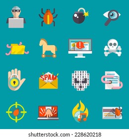 Hacker activity computer and e-mail spam viruses bank account hacking flat icons set isolated vector illustration