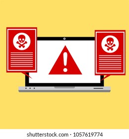 Hacker activity computer.Alert notification on laptop computer vector, malware concept, spam data, fraud internet error, insecure connection, online scam, virus