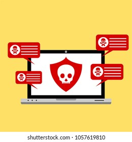 Hacker activity computer.Alert notification on laptop computer vector, malware concept, spam data, fraud internet error, insecure connection, online scam, virus