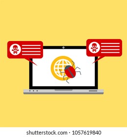 Hacker activity computer.Alert notification on laptop computer vector, malware concept, spam data, fraud internet error, insecure connection, online scam, virus