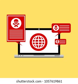 Hacker activity computer.Alert notification on laptop computer vector, malware concept, spam data, fraud internet error, insecure connection, online scam, virus