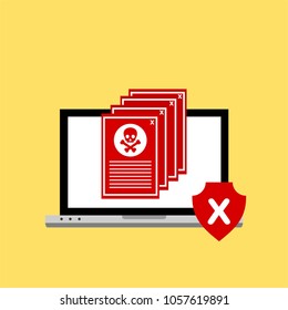 Hacker activity computer.Alert notification on laptop computer vector, malware concept, spam data, fraud internet error, insecure connection, online scam, virus