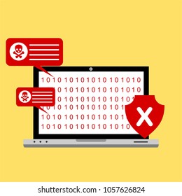 Hacker activity computer.Alert notification on laptop computer vector, malware concept, spam data, fraud internet error, insecure connection, online scam, virus