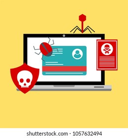 Hacker activity computer.Alert notification on laptop computer vector, malware concept, spam data, fraud internet error, insecure connection, online scam, virus