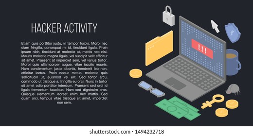 Hacker activity concept banner. Isometric illustration of hacker activity vector concept banner for web design