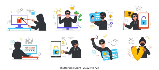 Hacker activity concept. Collection of characters stealing personal information, money, online passwords and bank cards. People cyber criminals. Cartoon flat vector set isolated on white background