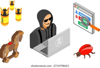 Conceito de atividade de hackers Crime cibernético e Conceito de atividade de hackers com ícones simples isométricos como hacker, vírus, bug e senha de hackers. ilustração vetorial.