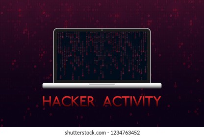 Hacker activity concept. Hacked laptop on red binary background. Malware design with matrix backdrop. Mining of cryptocurrency. Hacker attack and internet crime. Vector illustration.