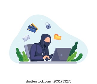 Hacker activity concept illustration. Hacker working on a laptop, Hacker cyber theft personal information. Vector in a flat style