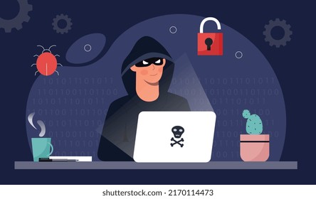 Hacker Activity Concept. Man In Black Mask And Hoody Sits At Laptop. Scammer Steals Personal Data, Writes Code And Creates Virus. Danger On Internet, Website Hacking. Cartoon Flat Vector Illustration