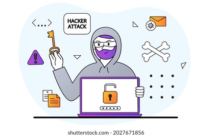 Hacker activity concept. Man hacks computer and steals information. Cyber crime and personal data protection. Stealing password. Cartoon doodle flat vector illustration isolated on white background