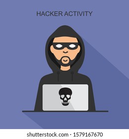 Hacker activity and cyber crime concept. Vector thief in black mask steals information from laptop. Hacker sitting at the desktop and hacking user login. 
