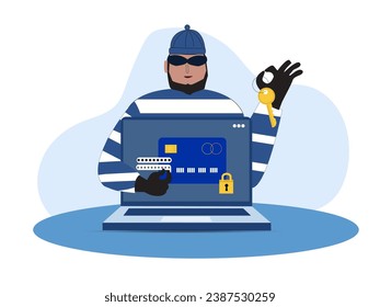 Hacker activity cyber thief on internet device. Vector illustration.