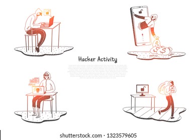Hacker activity - hackers trying to destroy digital systems and get information vector concept set. Hand drawn sketch isolated illustration