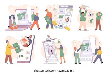 Hacker activity. Hacking computer. Phishing account, steal data, cyber attack. Stealing password. Cyber crime, theft personal information, cyber security spy access. Internet fraud scenes set metaphor