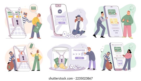 Hacker activity. Hacking computer. Phishing account, steal data, cyber attack. Stealing password. Cyber crime, theft personal information, cyber security spy access. Internet fraud scenes set metaphor