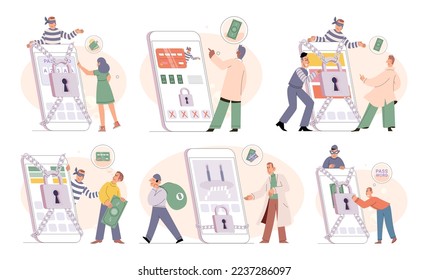 Hacker activity. Hacking computer. Phishing account, steal data, cyber attack. Stealing password. Cyber crime, theft personal information, cyber security spy access. Internet fraud scenes set metaphor