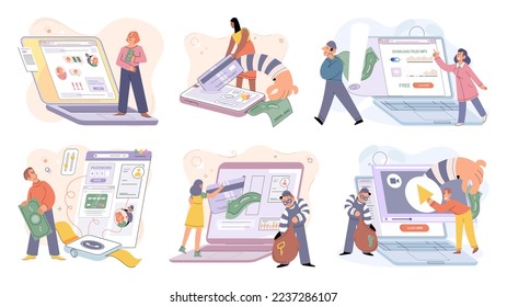 Hacker activity. Hacking computer. Phishing account, steal data, cyber attack. Stealing password. Cyber crime, theft personal information, cyber security spy access. Internet fraud scenes set metaphor