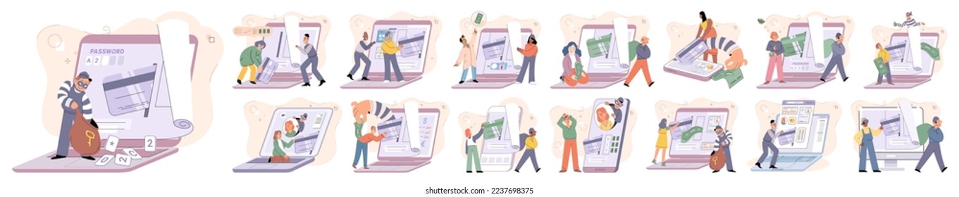 Hacker activity. Hacking computer. Phishing account, steal data, cyber attack. Stealing password. Cyber crime, theft personal information, cyber security spy access. Internet fraud scenes set metaphor