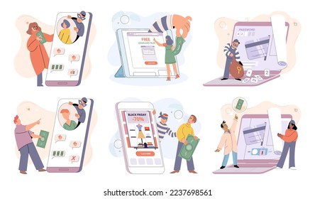 Hacker activity. Hacking computer. Phishing account, steal data, cyber attack. Stealing password. Cyber crime, theft personal information, cyber security spy access. Internet fraud scenes set metaphor