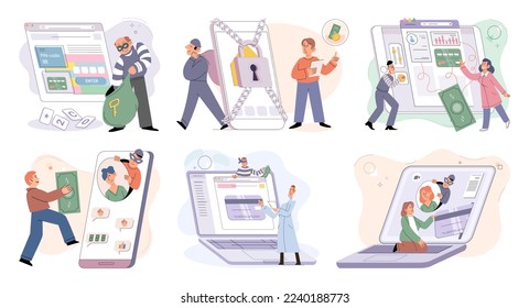 Hacker activity. Hacking computer. Phishing account, steal data, cyber attack. Stealing password. Cyber crime, theft personal information, cyber security spy access. Internet fraud scenes set metaphor